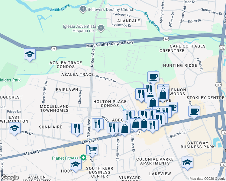 map of restaurants, bars, coffee shops, grocery stores, and more near 5009 McClelland Drive in Wilmington