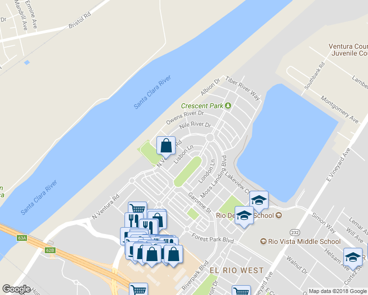 map of restaurants, bars, coffee shops, grocery stores, and more near 3205 Lisbon Lane in Oxnard