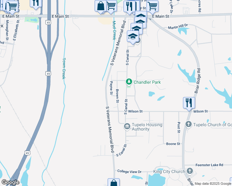 map of restaurants, bars, coffee shops, grocery stores, and more near 500-598 Brown Street in Tupelo