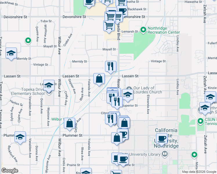 map of restaurants, bars, coffee shops, grocery stores, and more near 9749 Reseda Boulevard in Los Angeles