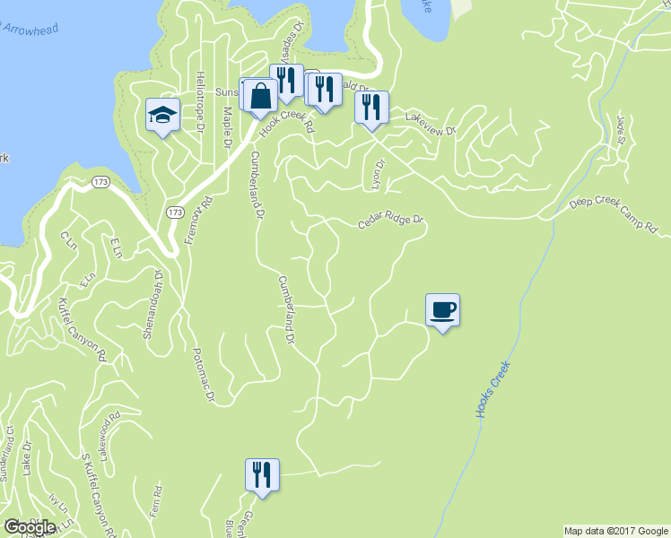 map of restaurants, bars, coffee shops, grocery stores, and more near 267 Pheasant-Run in Lake Arrowhead