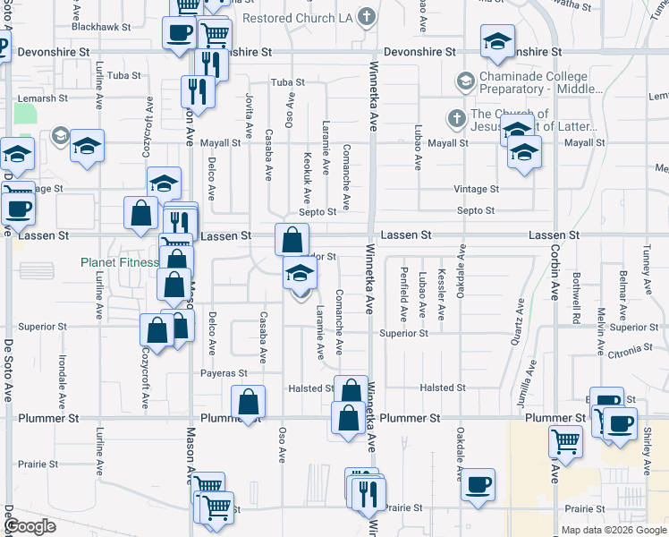map of restaurants, bars, coffee shops, grocery stores, and more near 9807 Comanche Avenue in Chatsworth