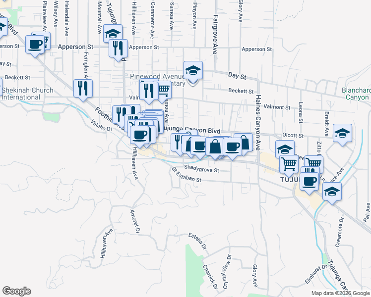 map of restaurants, bars, coffee shops, grocery stores, and more near 9920 Pinewood Avenue in Los Angeles