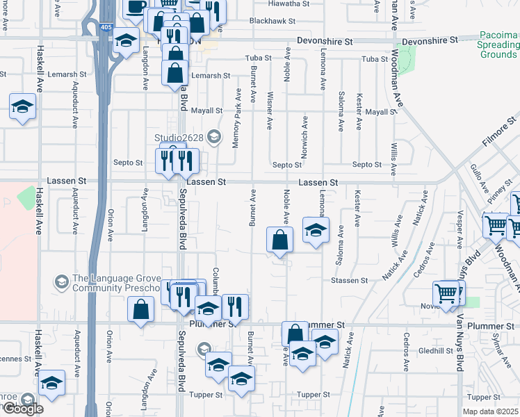 map of restaurants, bars, coffee shops, grocery stores, and more near 9816 Burnet Avenue in Los Angeles