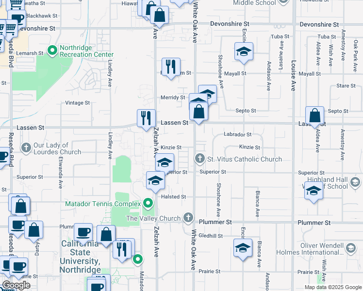 map of restaurants, bars, coffee shops, grocery stores, and more near 17806 Kinzie Street in Los Angeles