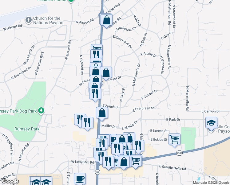 map of restaurants, bars, coffee shops, grocery stores, and more near 602 North Ponderosa Circle in Payson