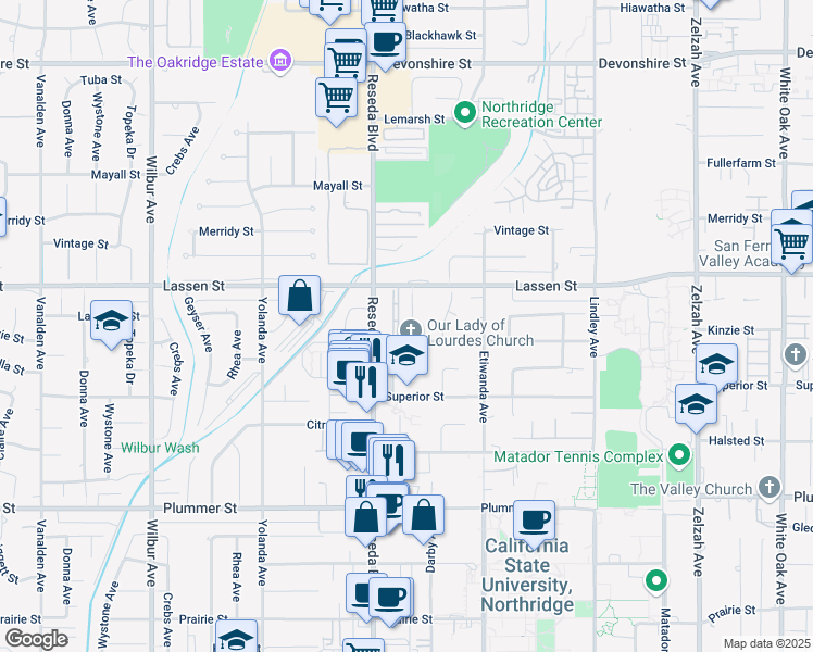 map of restaurants, bars, coffee shops, grocery stores, and more near 18420 Kinzie Street in Los Angeles