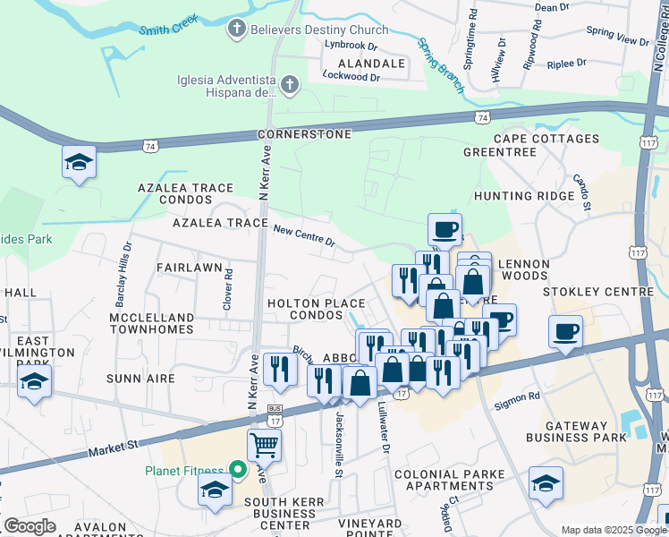 map of restaurants, bars, coffee shops, grocery stores, and more near 4603 McClelland Drive in Wilmington