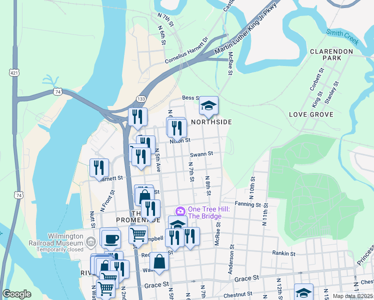 map of restaurants, bars, coffee shops, grocery stores, and more near 1107 North 7th Street in Wilmington