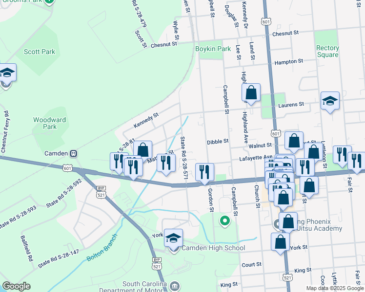 map of restaurants, bars, coffee shops, grocery stores, and more near 1221 Wylie Street in Camden