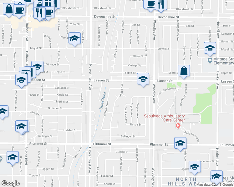 map of restaurants, bars, coffee shops, grocery stores, and more near 16423 Kinzie Street in Los Angeles
