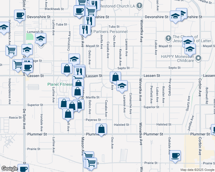 map of restaurants, bars, coffee shops, grocery stores, and more near 20323 Kinzie Street in Los Angeles