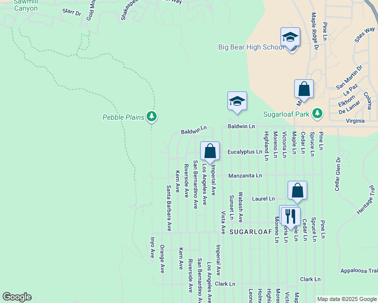 map of restaurants, bars, coffee shops, grocery stores, and more near 193 Riverside Avenue in Big Bear