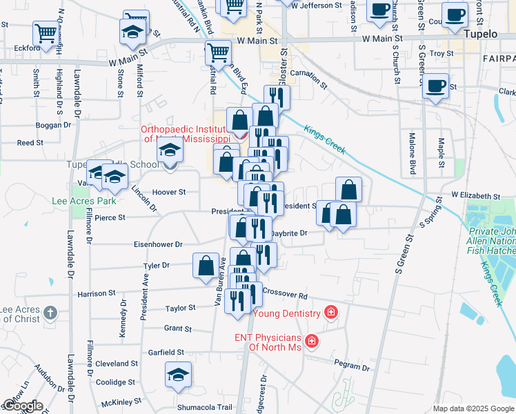 map of restaurants, bars, coffee shops, grocery stores, and more near 599 South Gloster Street in Tupelo