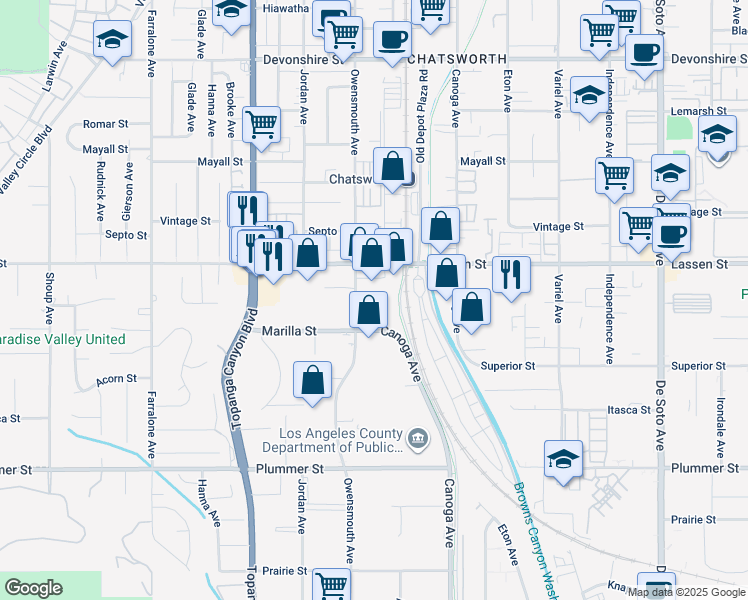 map of restaurants, bars, coffee shops, grocery stores, and more near 21609 Marilla Street in Los Angeles