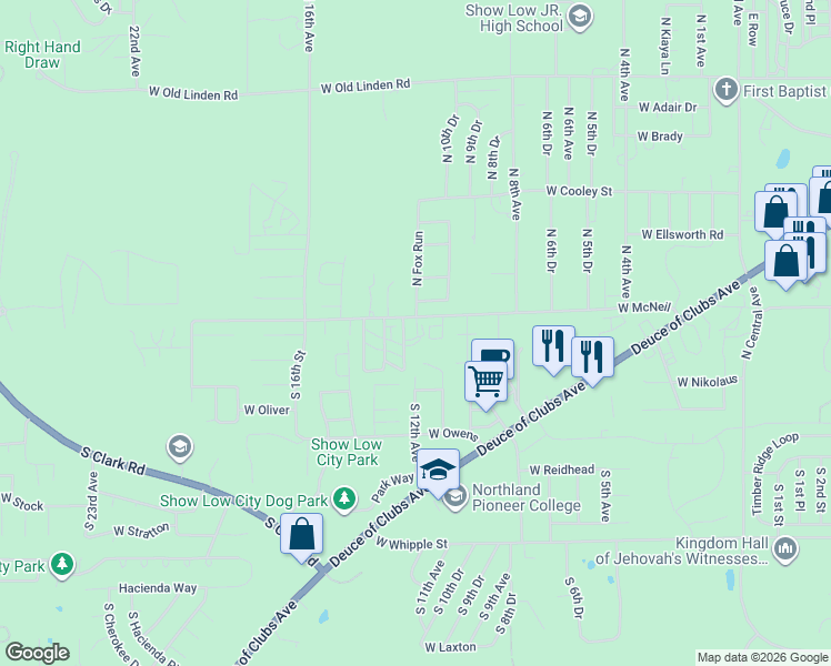 map of restaurants, bars, coffee shops, grocery stores, and more near 200 South 11th Avenue in Show Low