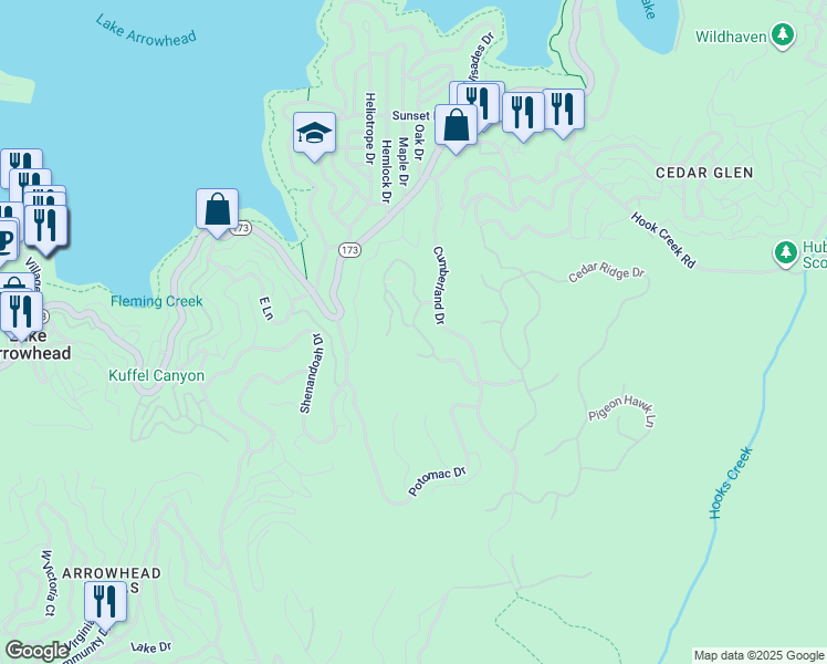 map of restaurants, bars, coffee shops, grocery stores, and more near 101 Mill Pond Road in Lake Arrowhead