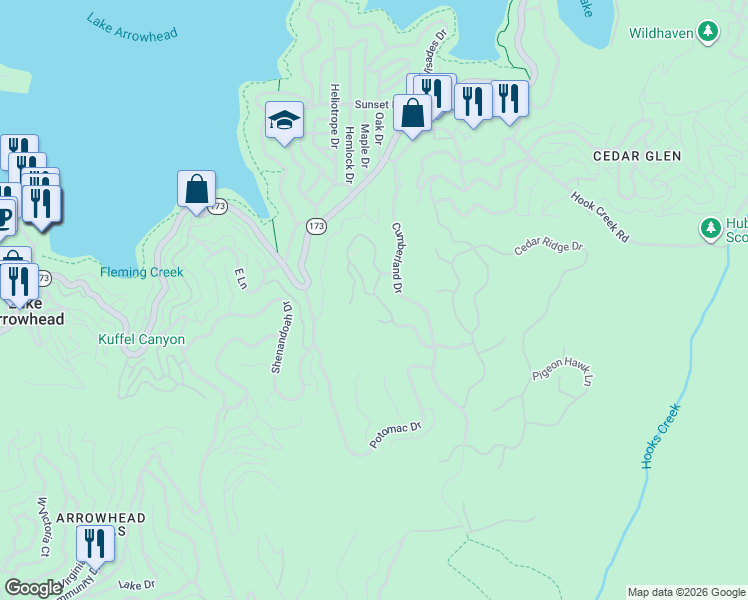 map of restaurants, bars, coffee shops, grocery stores, and more near 281 Ponderosa Peak Road in Lake Arrowhead