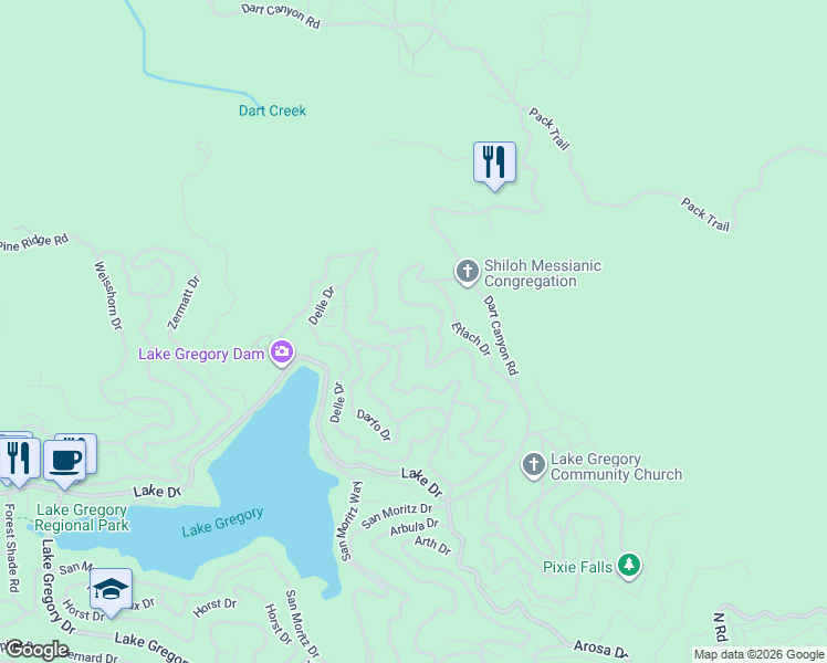 map of restaurants, bars, coffee shops, grocery stores, and more near 261 Davos Court in Crestline