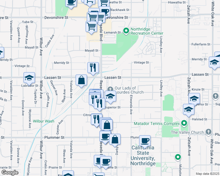 map of restaurants, bars, coffee shops, grocery stores, and more near 18420 Kinzie Street in Los Angeles