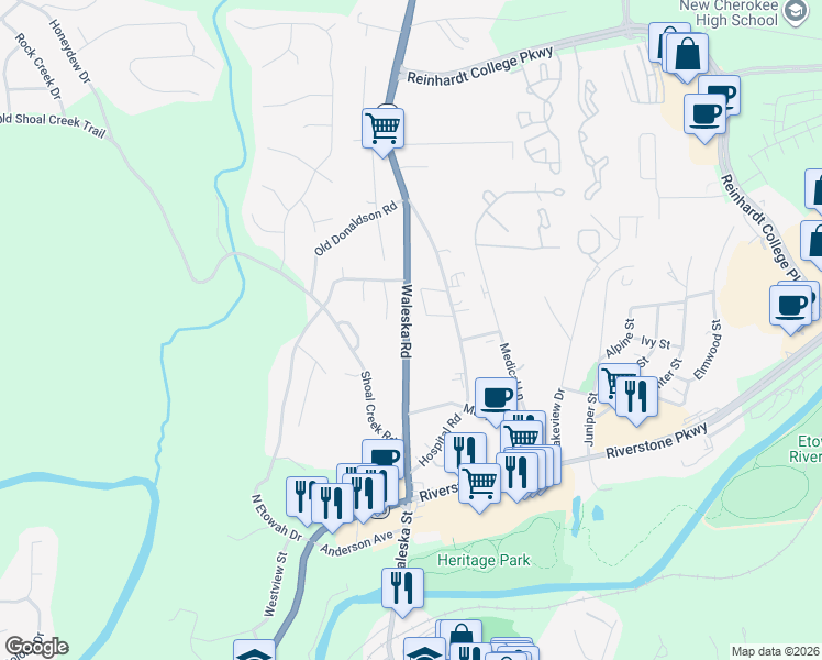 map of restaurants, bars, coffee shops, grocery stores, and more near 520 Waleska Road in Canton