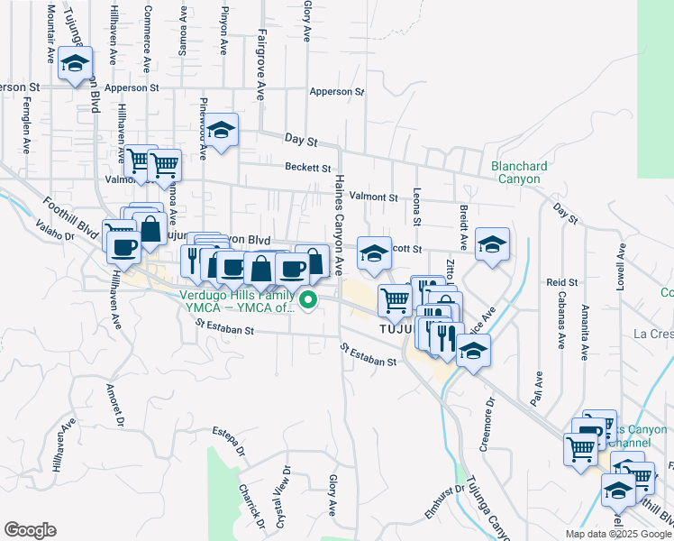 map of restaurants, bars, coffee shops, grocery stores, and more near 9939 Haines Canyon Avenue in Los Angeles
