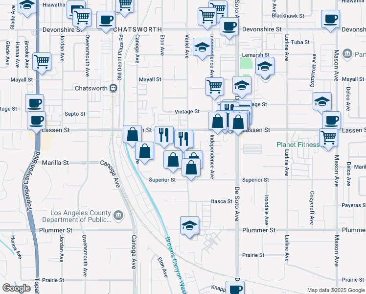 map of restaurants, bars, coffee shops, grocery stores, and more near 9817 Variel Avenue in Chatsworth