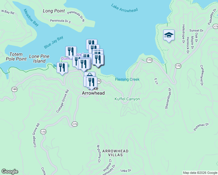 map of restaurants, bars, coffee shops, grocery stores, and more near 265 Flower Drive in Lake Arrowhead