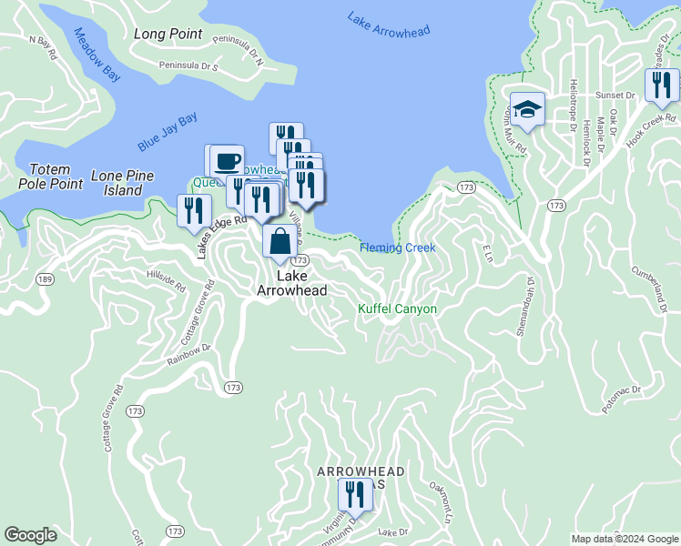 map of restaurants, bars, coffee shops, grocery stores, and more near 265 Flower Drive in Lake Arrowhead