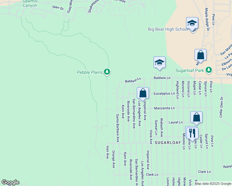 map of restaurants, bars, coffee shops, grocery stores, and more near 194 Santa Barbara Avenue in Big Bear