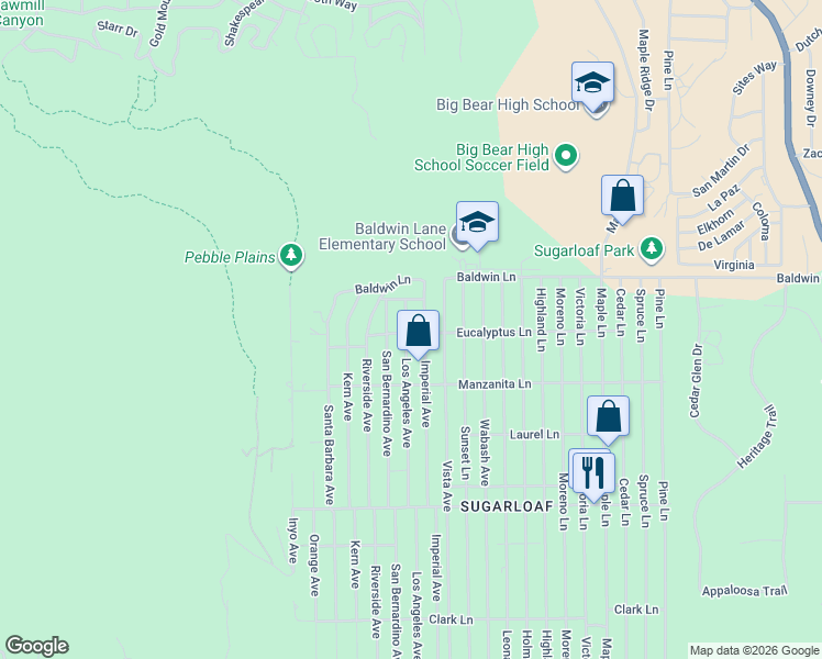 map of restaurants, bars, coffee shops, grocery stores, and more near 191 Los Angeles Avenue in Big Bear