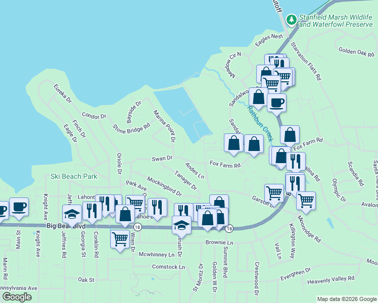 map of restaurants, bars, coffee shops, grocery stores, and more near 199 Pinecrest Drive in Big Bear Lake