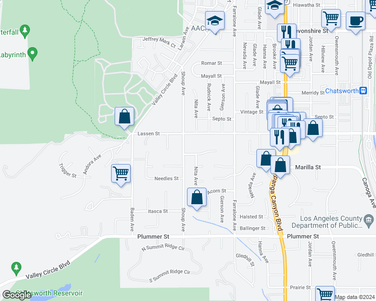 map of restaurants, bars, coffee shops, grocery stores, and more near 9816 Shoup Avenue in Los Angeles
