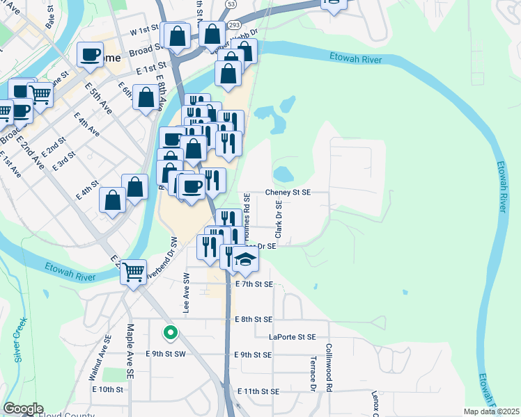map of restaurants, bars, coffee shops, grocery stores, and more near 307 Roswell Avenue Southeast in Rome