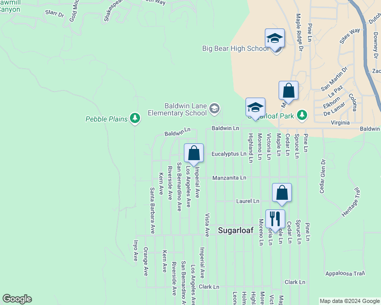 map of restaurants, bars, coffee shops, grocery stores, and more near 191 Los Angeles Avenue in Big Bear