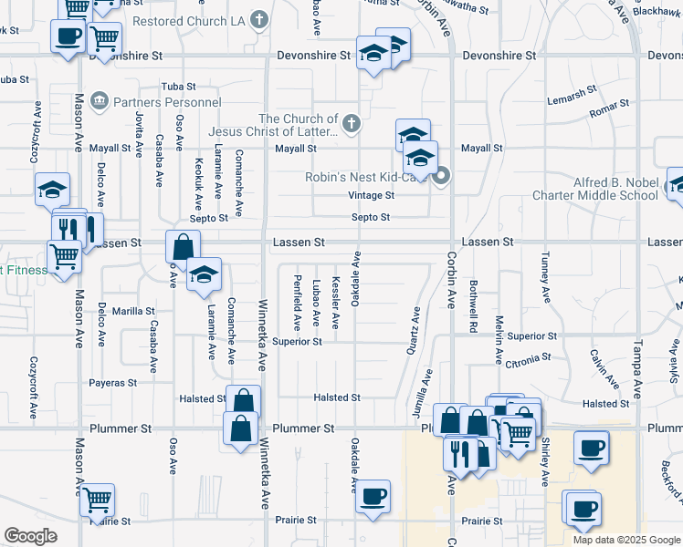 map of restaurants, bars, coffee shops, grocery stores, and more near 9830 Kessler Avenue in Los Angeles