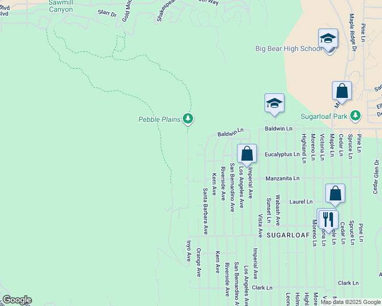 map of restaurants, bars, coffee shops, grocery stores, and more near 187 Dixie Lee Lane in Big Bear
