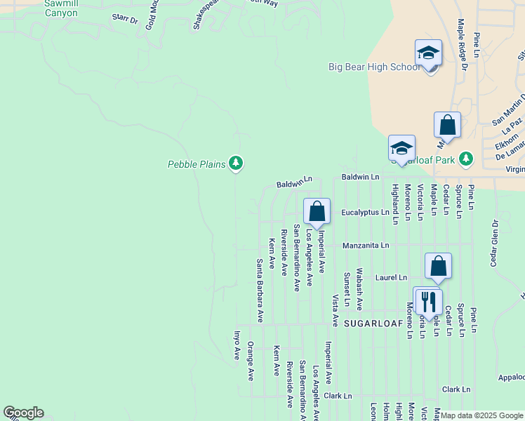 map of restaurants, bars, coffee shops, grocery stores, and more near 170 Santa Barbara Avenue in Big Bear
