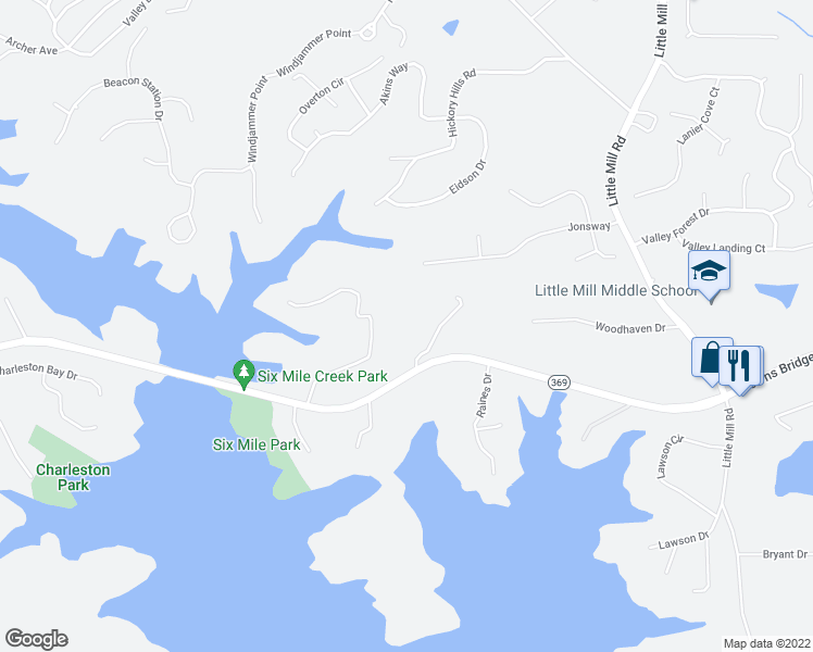 map of restaurants, bars, coffee shops, grocery stores, and more near 6255 Browns Bridge Road in Cumming