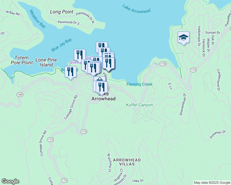 map of restaurants, bars, coffee shops, grocery stores, and more near 238 Blue Bell Drive West in Lake Arrowhead