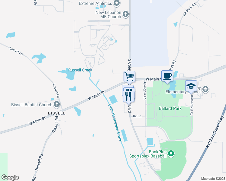 map of restaurants, bars, coffee shops, grocery stores, and more near 4147 West Main Street in Tupelo