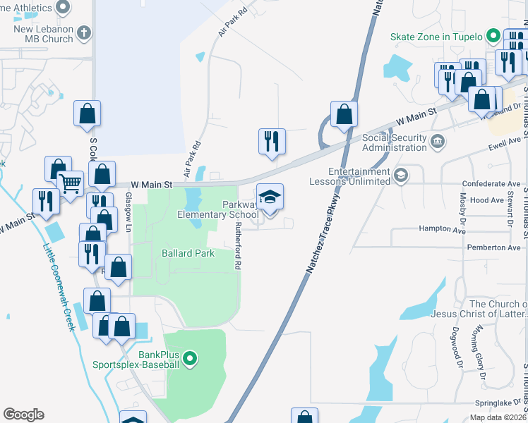 map of restaurants, bars, coffee shops, grocery stores, and more near 628 Rutherford Road in Tupelo