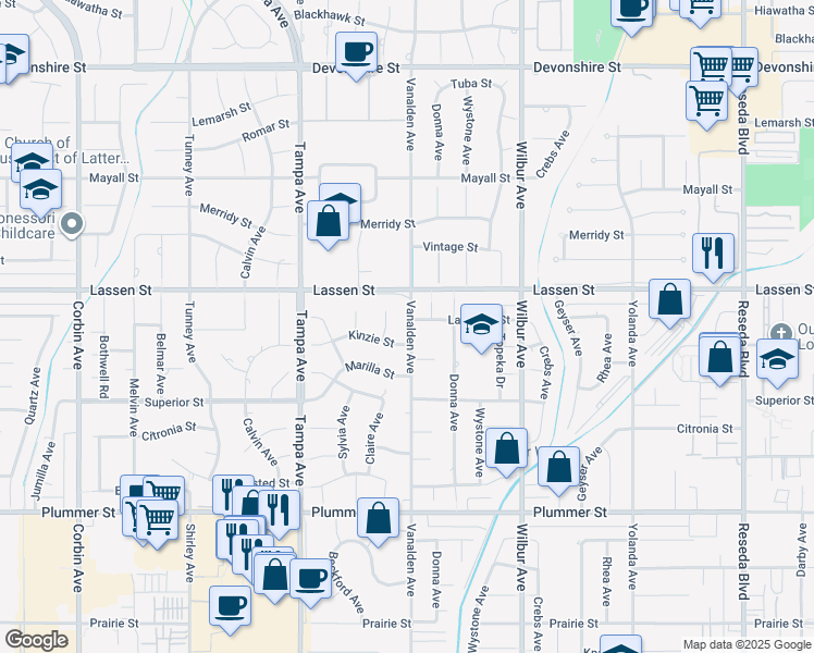 map of restaurants, bars, coffee shops, grocery stores, and more near 9819 Vanalden Avenue in Los Angeles