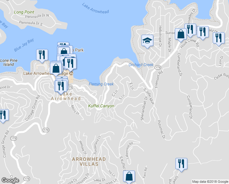 map of restaurants, bars, coffee shops, grocery stores, and more near 256 B Lane in Lake Arrowhead