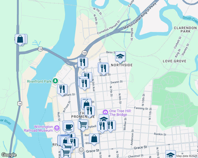 map of restaurants, bars, coffee shops, grocery stores, and more near in Wilmington