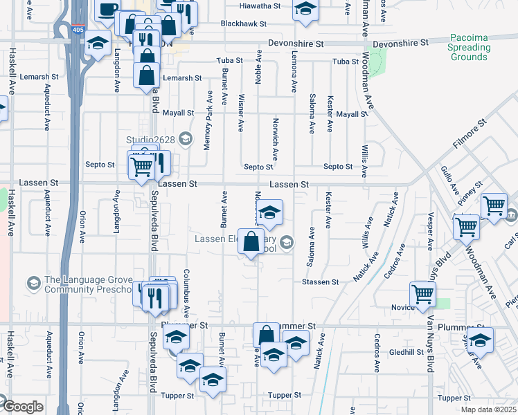 map of restaurants, bars, coffee shops, grocery stores, and more near 9847 Noble Avenue in Los Angeles