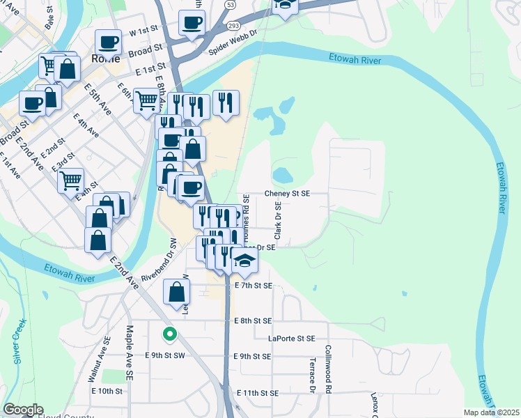 map of restaurants, bars, coffee shops, grocery stores, and more near 307 Roswell Avenue Southeast in Rome