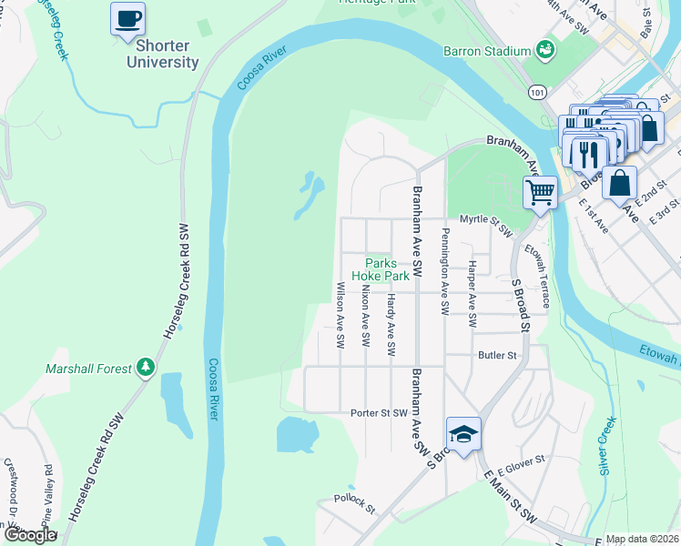 map of restaurants, bars, coffee shops, grocery stores, and more near 201 Wilson Avenue Southwest in Rome