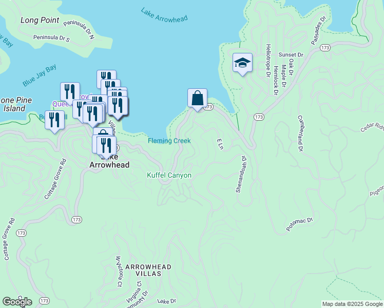 map of restaurants, bars, coffee shops, grocery stores, and more near 256 B Lane in Lake Arrowhead