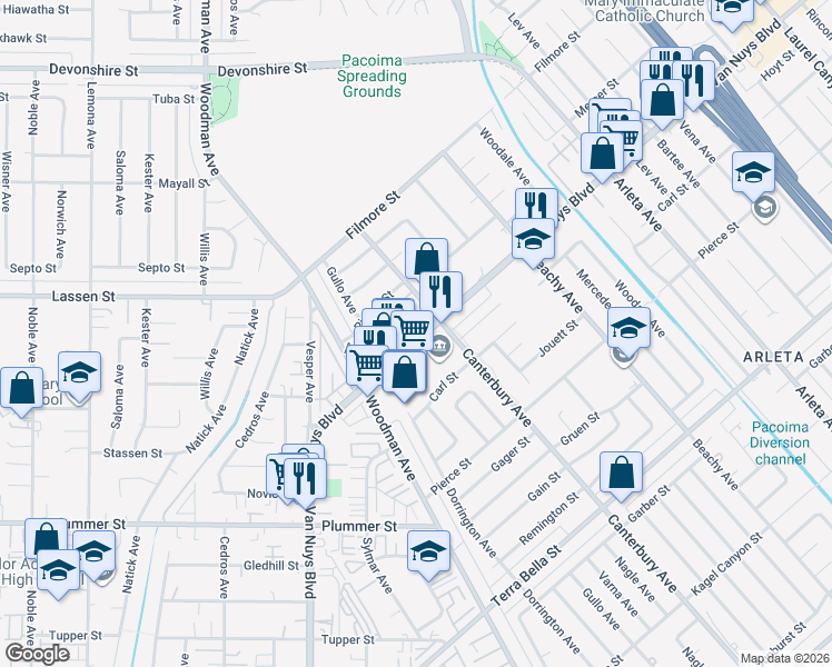 map of restaurants, bars, coffee shops, grocery stores, and more near 14333 Van Nuys Boulevard in Los Angeles